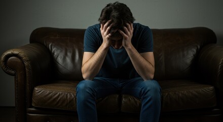 Obraz premium Man on couch expressing sadness and despair, with head in hands and dark lighting