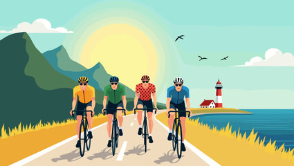  Cyclists enjoying a sunny coastal ride with mountain and lighthouse scenery. Flat vector travel illustration