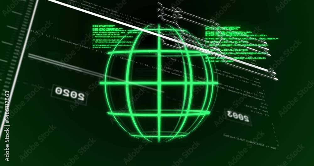 Aufkleber neon green wireframe sphere spinning in digital interface showing angled code snippets and beams