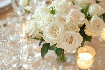 Generative AI image of elegant restaurant table setup for celebration dinner including birthday party wedding christmas and romantic anniversary