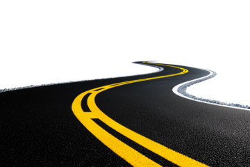 A set of curved black asphalt roads featuring yellow lane markings and white edges, isolated on a transparent background