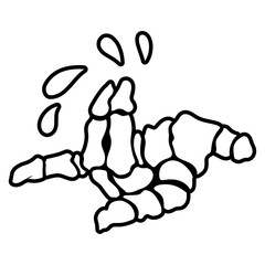 Skeleton Hand Pointing with Abstract Elements. A stark white skeletal hand is depicted pointing forward or to the side against a neutral gray background. Abstract black teardrop shapes or droplets are