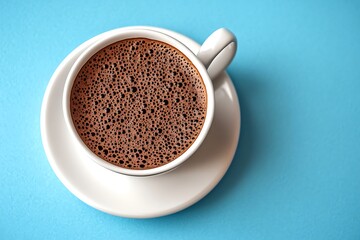 Fototapeta premium Frothy cocoa cup on blue background