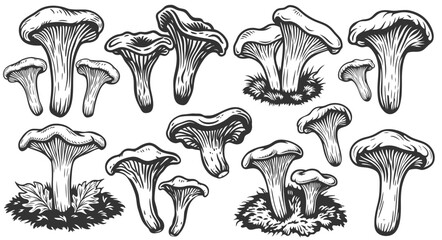 Monochrome chanterelle mushroom set with wide cap and thick stem on grass background. Suitable for culinary labels, edible mushroom guides, organic food packaging, natural health supplement design.