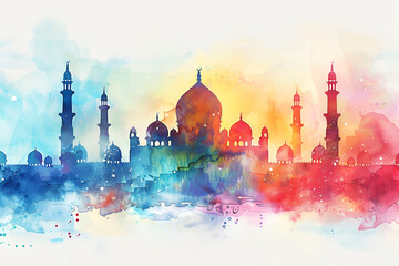 Eid al-Adha Islamic Mubarak watercolor festive background with crescent moon lantern and decorative patterns for holy celebration