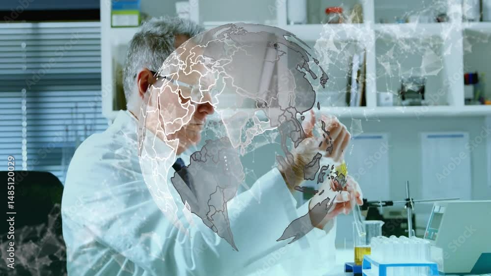 Poster senior scientist handling pipette into test tube in science lab showing globe overlay network lines