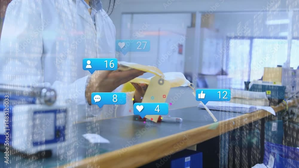 Aufkleber female health technician examining mask and using smartphone, showing binary code and social icons