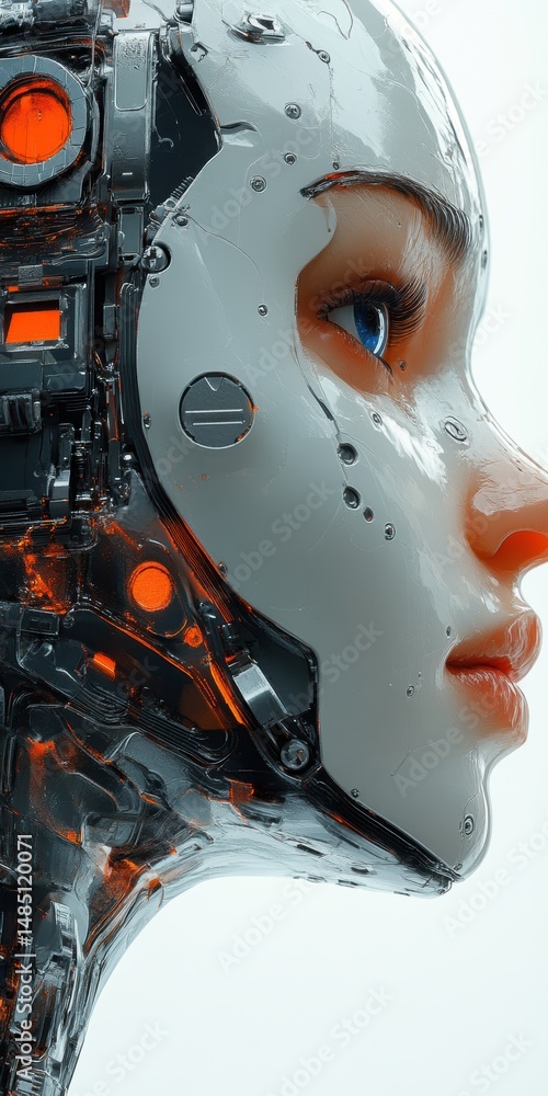 Poster close-up of a humanoid robot face with intricate mechanical components