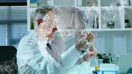 Senior scientist handling pipette into test tube in science lab showing globe overlay network lines - Powered by Adobe