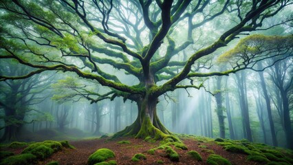 A lone tree stands in a misty forest, its branches tangled with vines and moss