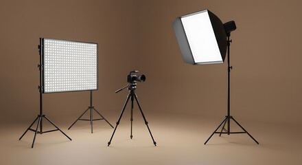 Studio photography equipment display with camera lights and tripod