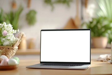 Open laptop on wooden table in bright cozy kitchen with spring flowers and eggs
