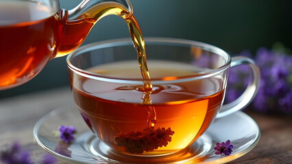 Earl Grey Lavender Tea Streaming from Glass Teapot into Transparent Cup Capturing Amber Liquid Forming Elegant Ripples with Lavender Buds