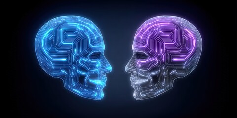 Two futuristic digital skulls side by side illuminated in blue and purple circuitry patterns reflecting artificial intelligence concepts and the essence of modern technology innovation