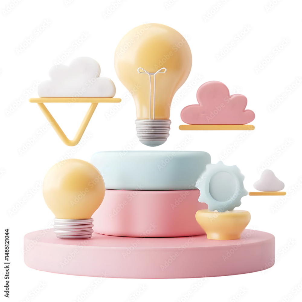 Poster pastel-colored 3d design features a lightbulb and abstract shapes. the image conveys concepts of cre