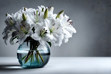 Elegant white lilies in a glass vase against a pure white background. Perfect for minimalist, wedding, or decor themes. High-quality floral still life with clean, bright aesthetics
