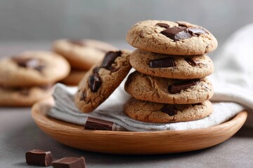 Stack of homemade chocolate chip cookies on wooden plate