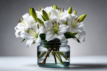 Elegant white lilies in a glass vase against a pure white background. Perfect for minimalist, wedding, or decor themes. High-quality floral still life with clean, bright aesthetics