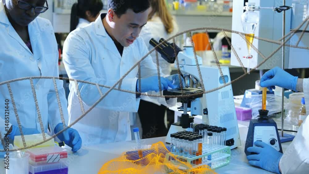 Aufkleber lab scientists handling sample tubes in research with floating data graphs over microscope