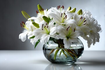 Elegant white lilies in a glass vase against a pure white background. Perfect for minimalist, wedding, or decor themes. High-quality floral still life with clean, bright aesthetics