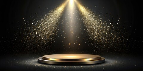 A black round podium stands center stage on a black background with golden glitter scattered around it, illuminated by a spotlight shining down from above , stage, elegant