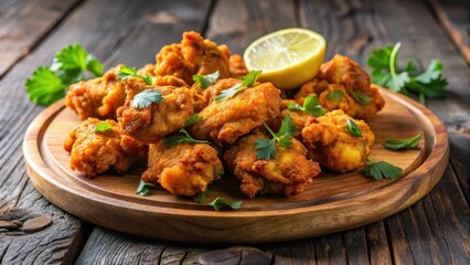 Crispy fried chicken pakora on a wooden plate, garnished with fresh cilantro and lemon wedges , indian food