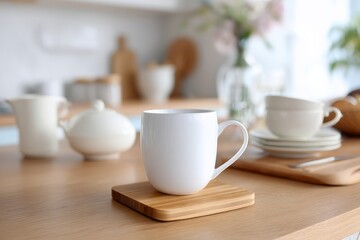 Fototapeta premium Minimalist kitchen table with white ceramic mug and wooden coaster