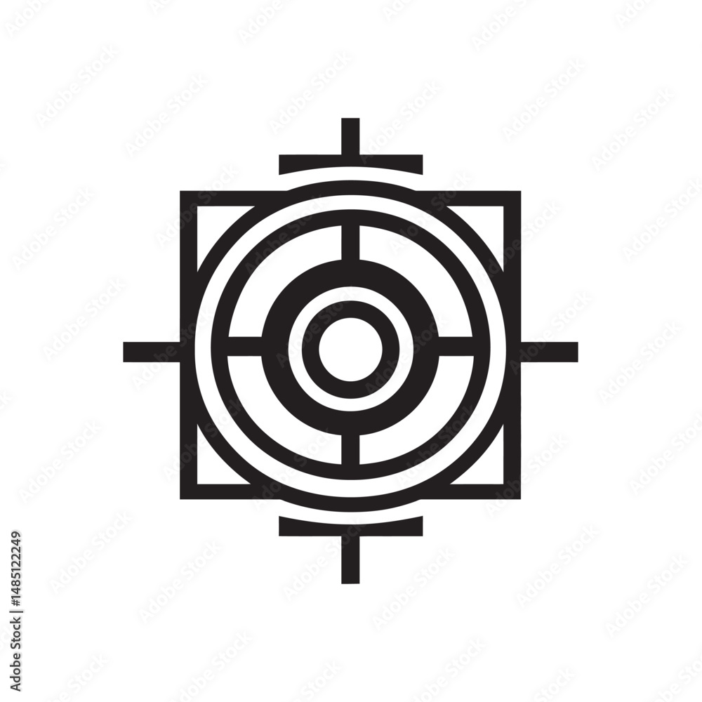 Poster concentric circles meet a square in a symbolic black icon with transparent backdrop