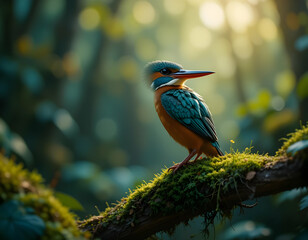 Kingfisher Bird Perched on Mossy Branch in Natural Forest Setting