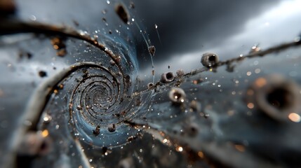 A surreal, cinematic scene of dissolving mirror fragments flowing as light. Reverse spiral motion, celestial tones, and spectral gradients evoke sacred release—abstract elegance in infinite continuity