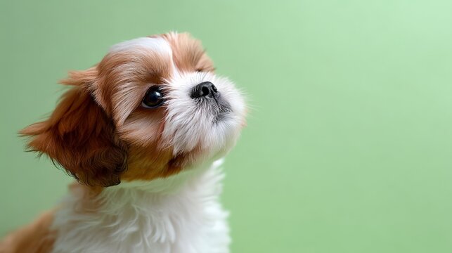 Adorable shih tzu puppy on light green background looking up