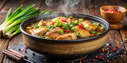 Steaming hot stone bowl filled with spicy chicken and vegetables in a savory broth, garnished with green onions and sesame seeds, steamed chicken, spicy chicken