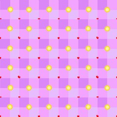 A seamless kawaii-style pattern featuring yellow flowers and small red hearts on a purple and pink checkered background. Ideal for textile design, stationery, and cute digital projects.