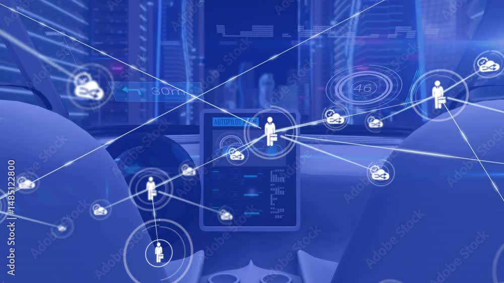 Poster autopilot interface being visualized in cabin, showing touchscreen and holographic network icons
