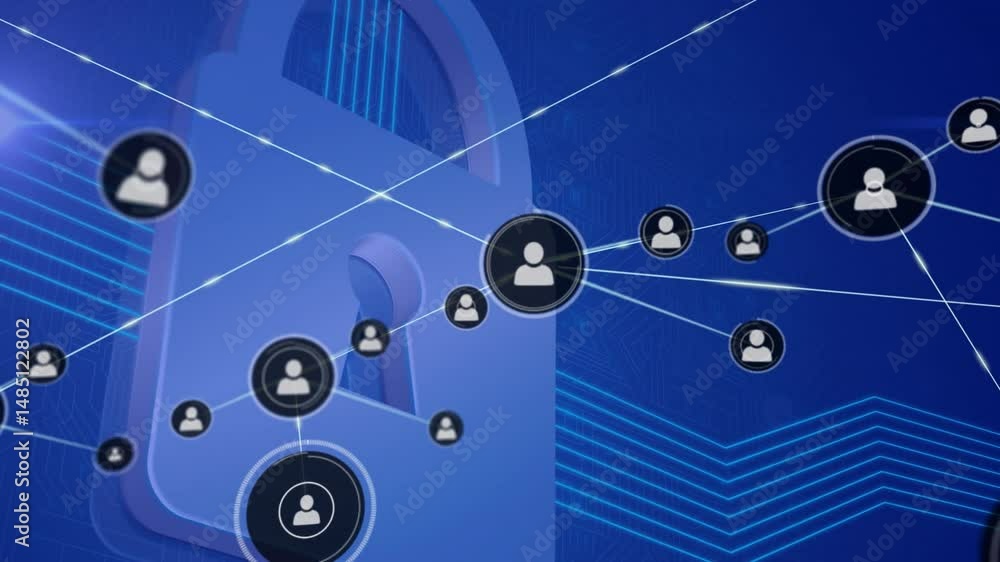 Poster Digital network security appearing on deep blue backdrop with padlock protecting linked user icons