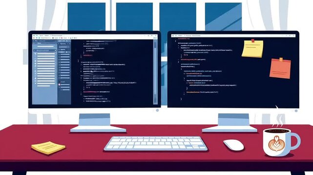 Flat vector illustration of a home office setup with dual monitors, keyboard, cozy and productive vibe.