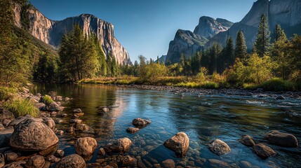 Stunning Yosemite Valley with El Capitan, a crystal-clear river, and pine trees bathed in golden hour glow. 8K ultra HD nature landscape for breathtaking visuals.