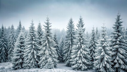 Frosty forest landscape with snow-covered evergreen trees standing tall against a grey sky , landscape, frosty,  landscape