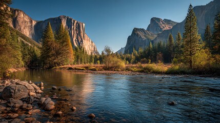 Stunning Yosemite Valley with El Capitan, a crystal-clear river, and pine trees bathed in golden hour glow. 8K ultra HD nature landscape for breathtaking visuals.