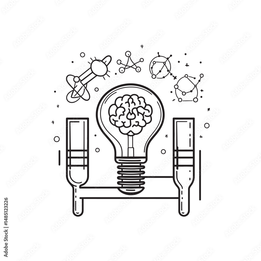 Aufkleber conceptualizing brain function a lightbulb containing a brain sits between test tubes and science di