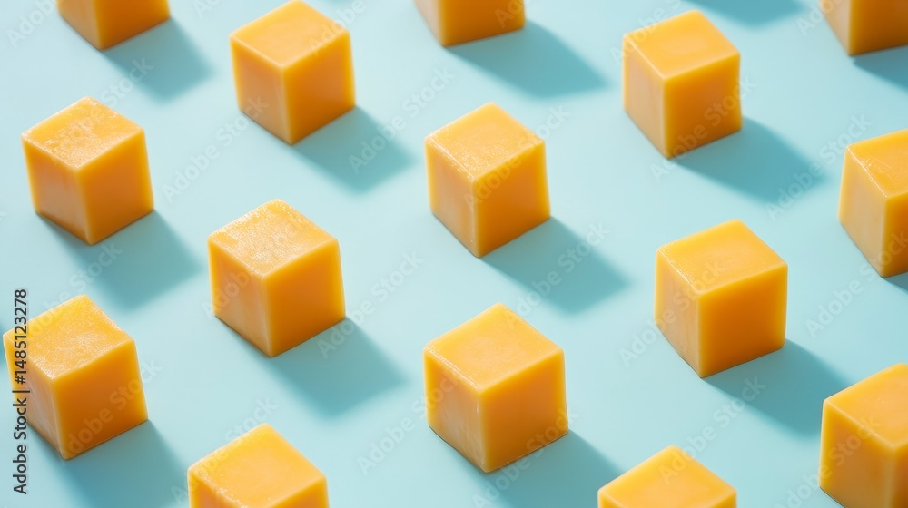 Poster cubes of yellow cheese arranged in a repeating pattern on a light blue background.