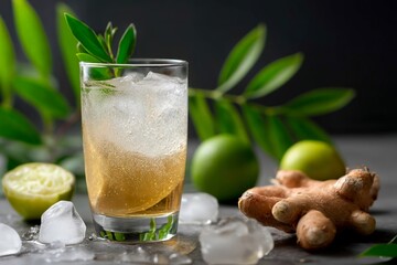 Fototapeta premium Refreshing ginger ale with lime and ice surrounded by fresh ginger and leaves