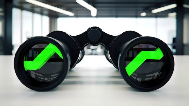 A pair of binoculars on a desk showing a reflection of a rising stock market graph in the lenses, clean corporate style