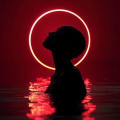 Silueta de mujer en contraluz con halo rojo circular brillante, concepto artístico y emocional, ideal para misterio, espiritualidad y creatividad.