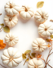 Creamy white pumpkins arranged elegantly on a pristine white surface, a stylish flat lay autumn harvest theme, overhead perspective with ample text space. with white shades