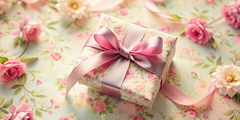 A delicate pink ribbon with a elegant bow tied around a gift box, surrounded by soft pastel colors and intricate patterns