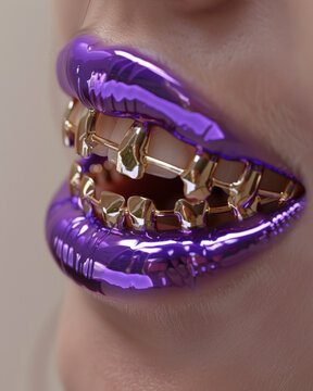 Primer plano art&iacute;stico de labios femeninos pintados en morado brillante y dientes dorados met&aacute;licos, ideal para moda, cosm&eacute;tica y estilo atrevido.