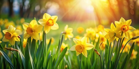Fototapeta premium Beautiful yellow daffodils swaying gently in the warm sunlight with lush green grass and vibrant flowers surrounding them