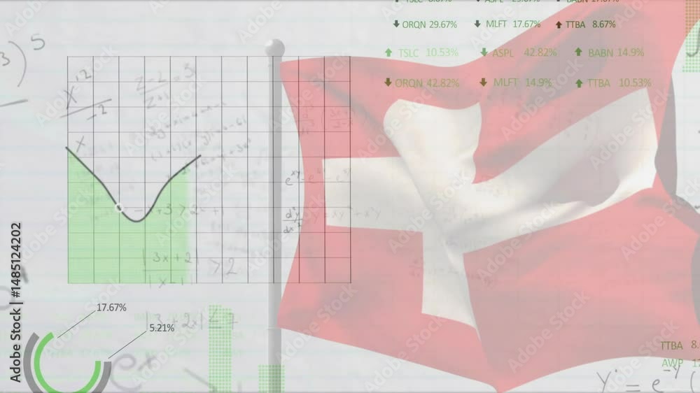 Poster graph elements animating over hand-drawn grid sketch while red flag waving on metallic pole