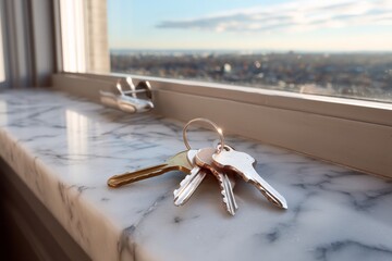 Set of house keys on marble windowsill overlooking city skyline